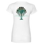 Sonoma Rebel white V-neck t-shirt with a green and gold Art Deco cocktail glass graphic on the back.