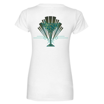 Sonoma Rebel white V-neck t-shirt with a green and gold Art Deco cocktail glass graphic on the back.