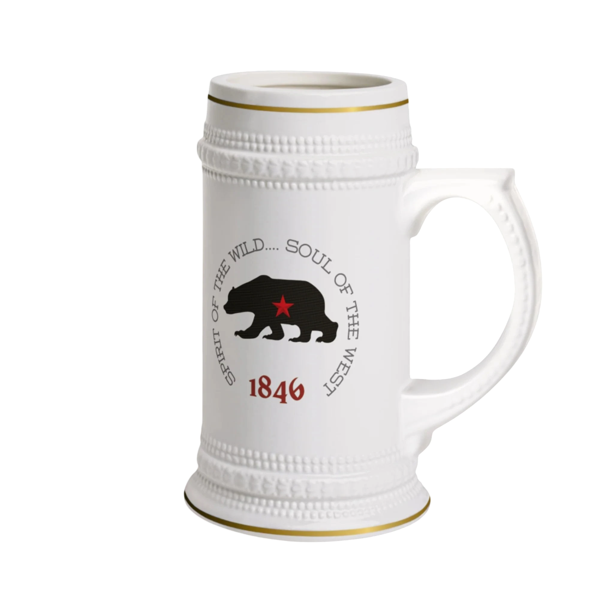 Sonoma Rebel white ceramic beer stein mug with gold detailing and a bear graphic. Holds 22 oz. Main image
