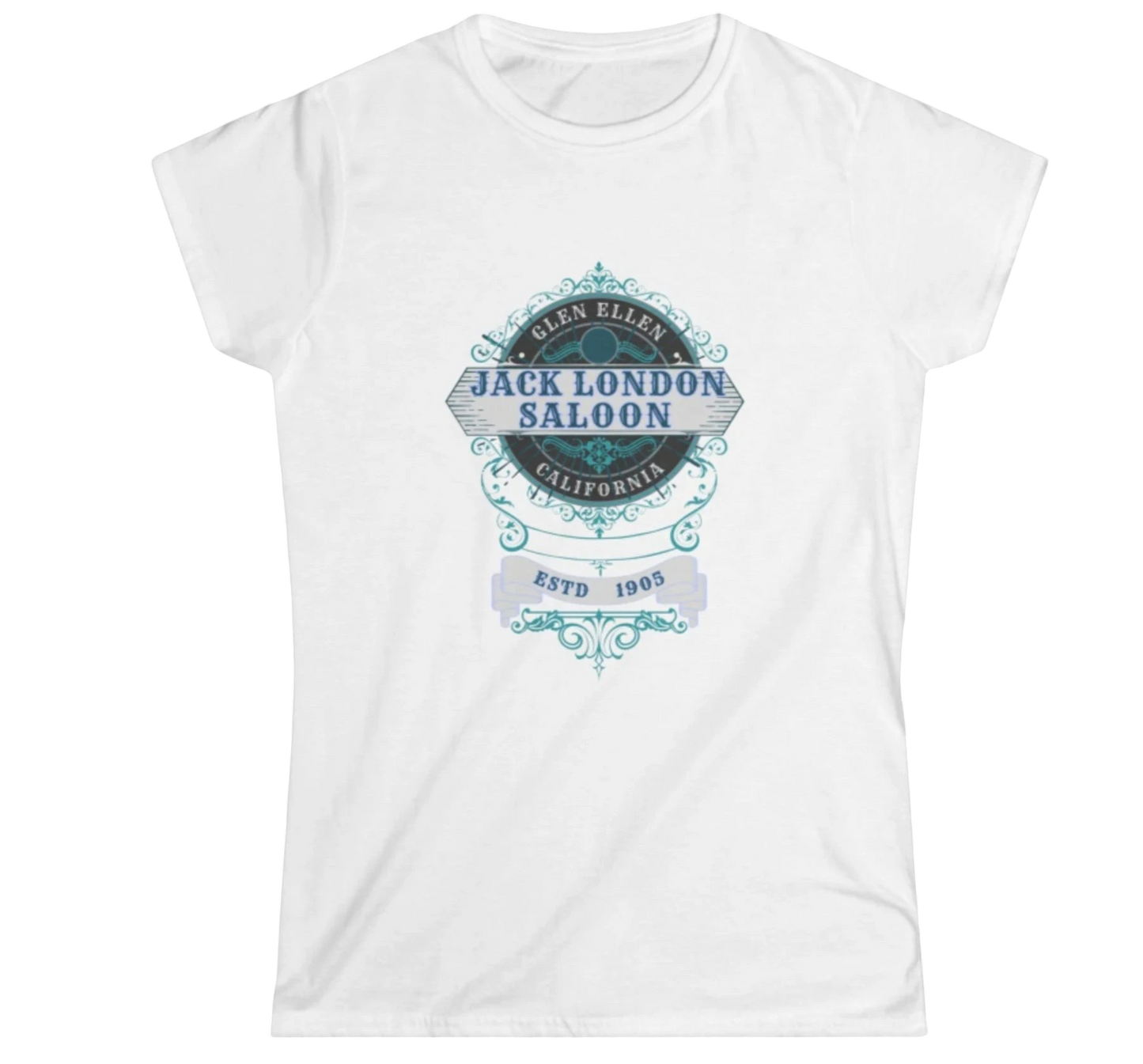 Sonoma Rebel white 100% ringspun cotton women's t-shirt with a vintage Jack London Saloon graphic and ESTD 1905 detail.