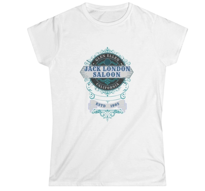 Sonoma Rebel white 100% ringspun cotton women's t-shirt with a vintage Jack London Saloon graphic and ESTD 1905 detail.