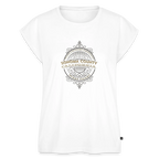 Sonoma Rebel white cotton blend women's t-shirt with rolled sleeves and scoop neck, featuring a circular graphic with "Sonoma County California West Coast" text.