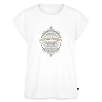 Sonoma Rebel white cotton blend women's t-shirt with rolled sleeves and scoop neck, featuring a circular graphic with "Sonoma County California West Coast" text.