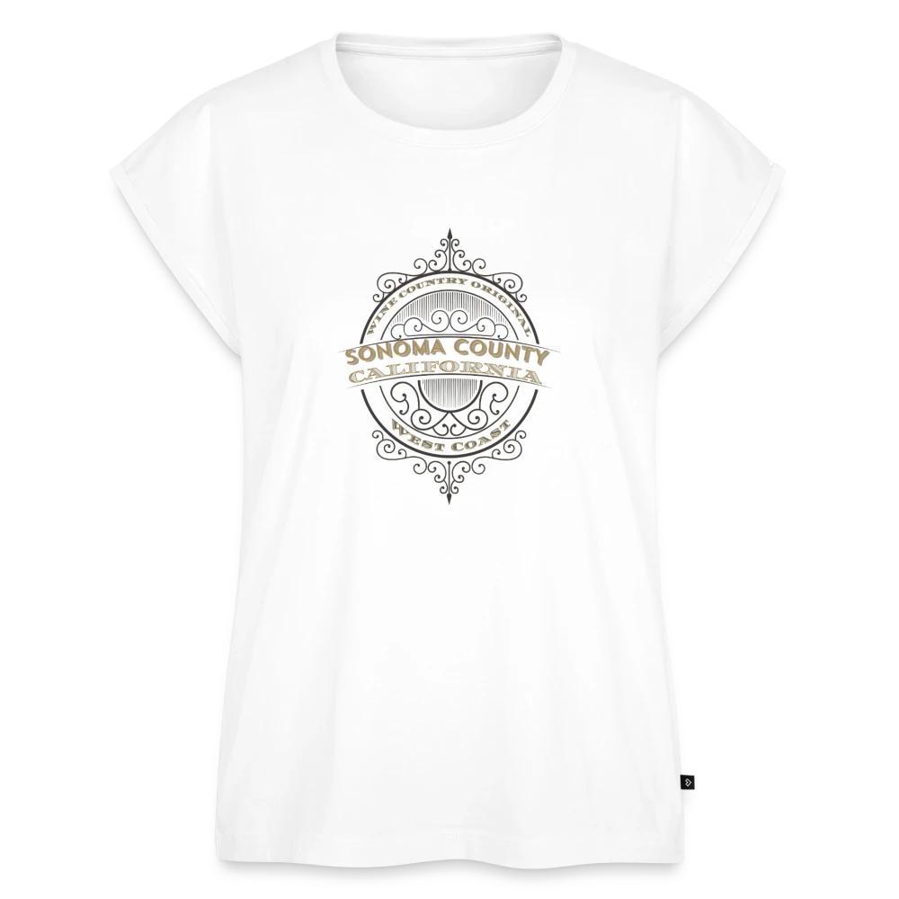 Sonoma Rebel white cotton blend women's t-shirt with rolled sleeves and scoop neck, featuring a circular graphic with "Sonoma County California West Coast" text.