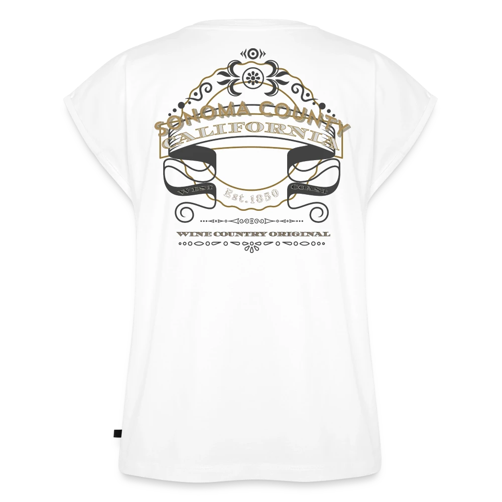 Sonoma Rebel white cotton blend t-shirt with rolled sleeves and a scoop neck featuring a graphic print with "Sonoma County California" and "Est. 1850" Main image