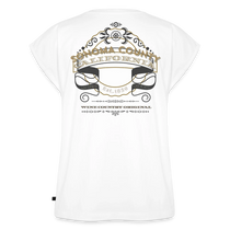 Sonoma Rebel white cotton blend t-shirt with rolled sleeves and a scoop neck featuring a graphic print with "Sonoma County California" and "Est. 1850"