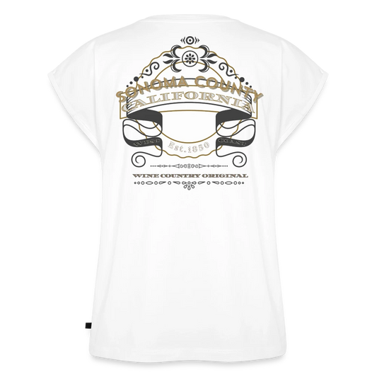 Sonoma Rebel white cotton blend t-shirt with rolled sleeves and a scoop neck featuring a graphic print with "Sonoma County California" and "Est. 1850"