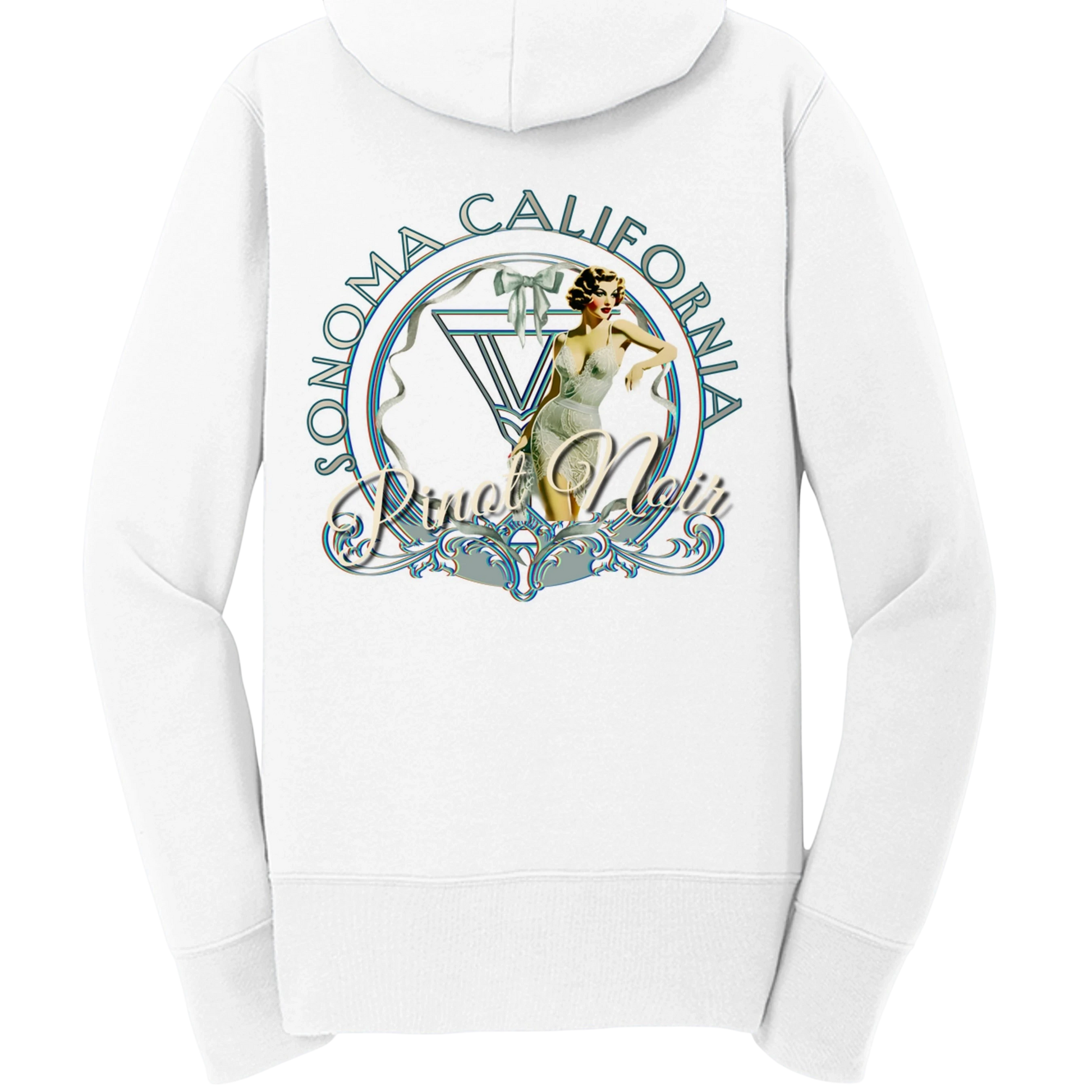 Sonoma Rebel white cotton blend full-zip hoodie with "Pinot Noir" graphic featuring a vintage pinup girl and "Sonoma California" text.