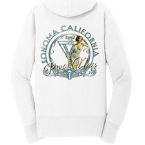Sonoma Rebel white cotton blend full-zip hoodie with "Pinot Noir" graphic featuring a vintage pinup girl and "Sonoma California" text.