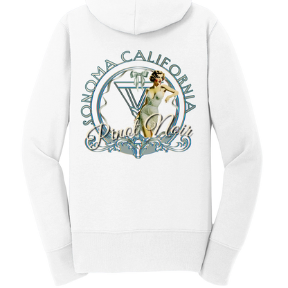 Sonoma Rebel white cotton blend full-zip hoodie with "Pinot Noir" graphic featuring a vintage pinup girl and "Sonoma California" text.