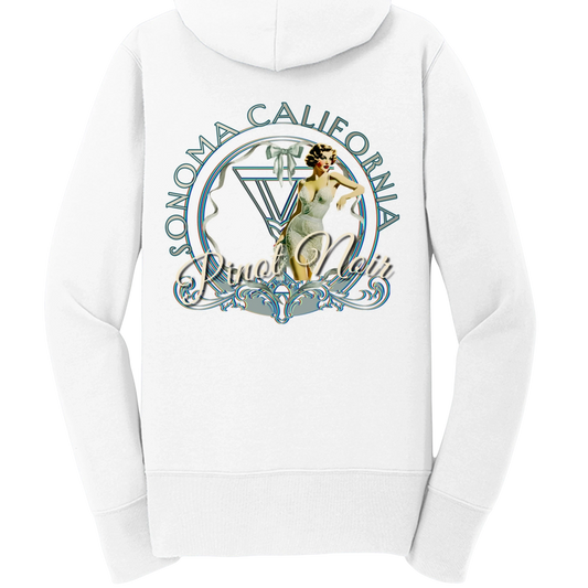 Sonoma Rebel white cotton blend full-zip hoodie with "Pinot Noir" graphic featuring a vintage pinup girl and "Sonoma California" text.