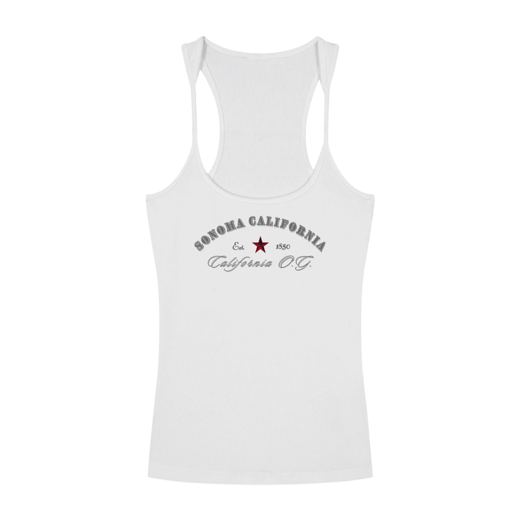 Sonoma Rebel white ribbed racerback tank top with U-neck and California O.G. graphic print. 96% cotton, 4% spandex.