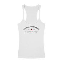Sonoma Rebel white ribbed racerback tank top with U-neck and California O.G. graphic print. 96% cotton, 4% spandex.