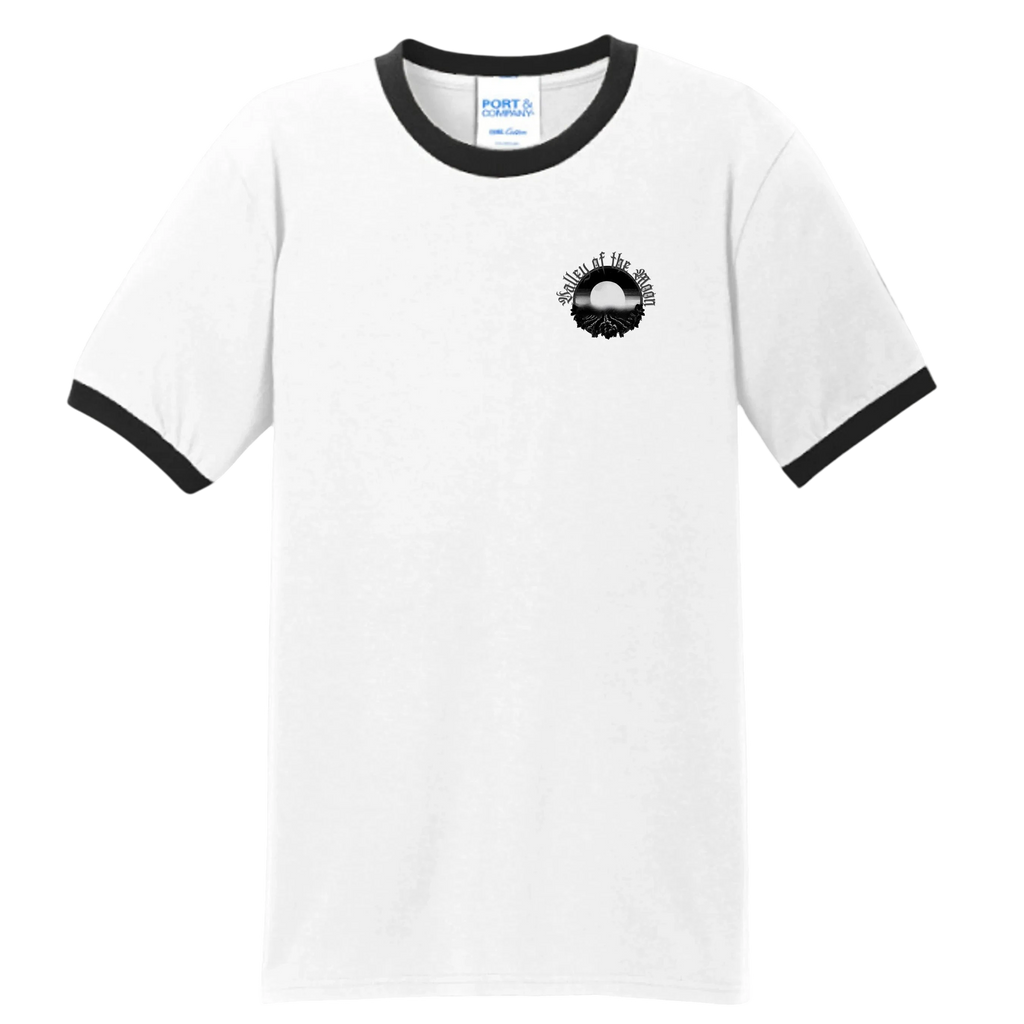 Sonoma Rebel men's white ringer t-shirt with black trim and a circular graphic on the left chest.