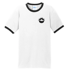 Sonoma Rebel men's white ringer t-shirt with black trim and a circular graphic on the left chest.