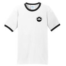 Sonoma Rebel men's white ringer t-shirt with black trim and a circular graphic on the left chest.
