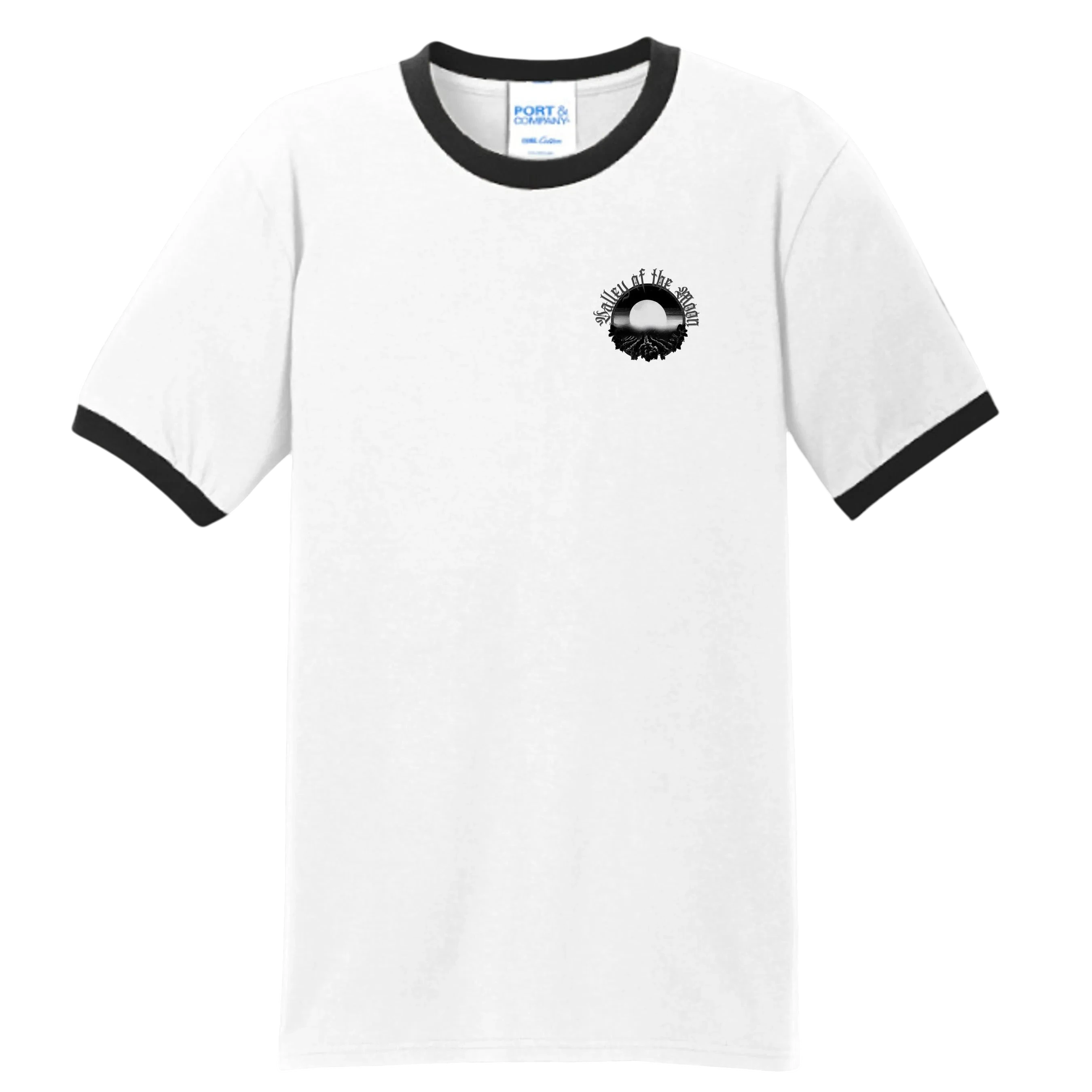 Sonoma Rebel men's white ringer t-shirt with black trim and a circular graphic on the left chest.
