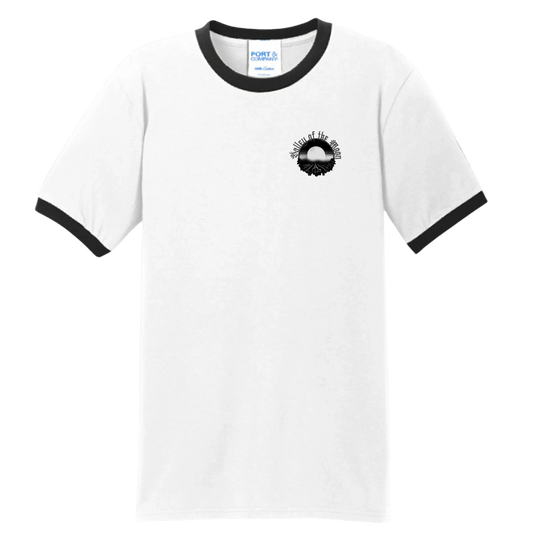 Sonoma Rebel men's white ringer t-shirt with black trim and a circular graphic on the left chest.