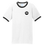 Sonoma Rebel men's white ringer t-shirt with black trim and a circular graphic on the left chest.