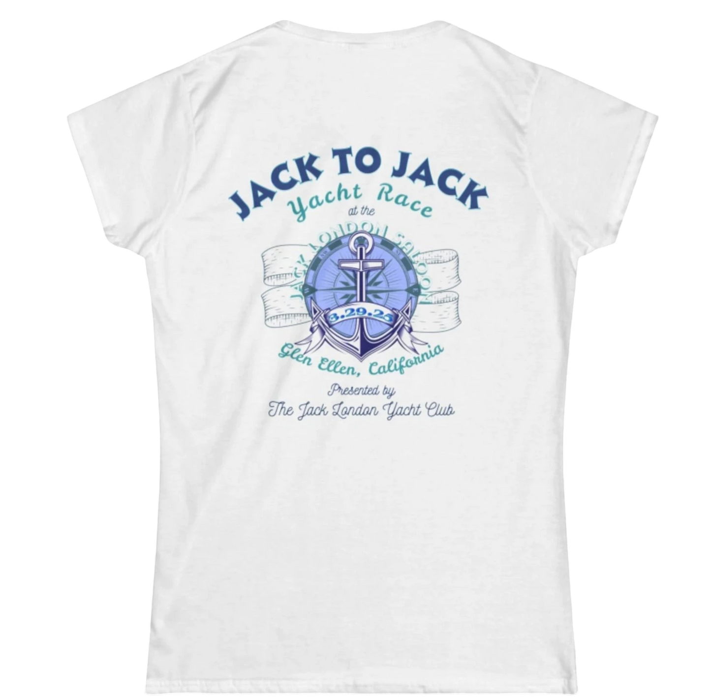 Sonoma Rebel white 100% cotton t-shirt with blue Jack London Yacht Race 2025 graphic and anchor detail.