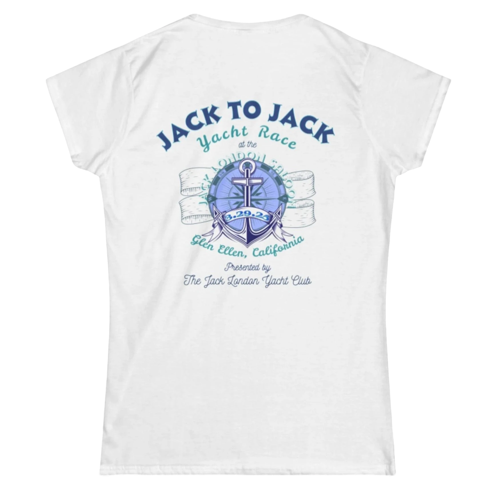 Sonoma Rebel white 100% cotton t-shirt with blue Jack London Yacht Race 2025 graphic and anchor detail.