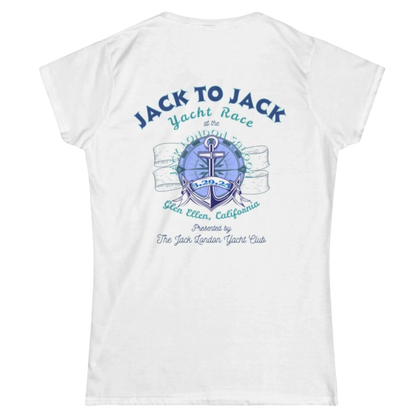 Sonoma Rebel white 100% cotton t-shirt with blue Jack London Yacht Race 2025 graphic and anchor detail.