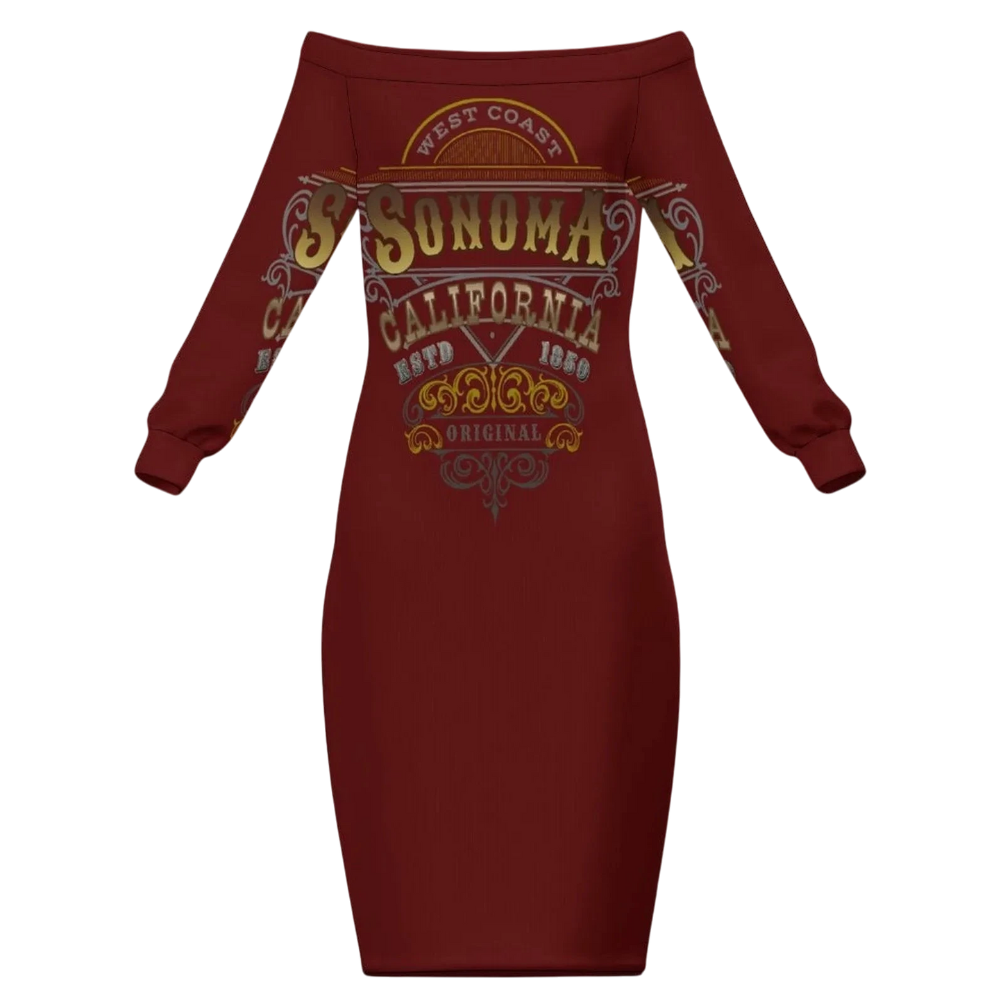 Sonoma Rebel wine country off-the-shoulder dress in deep red with
