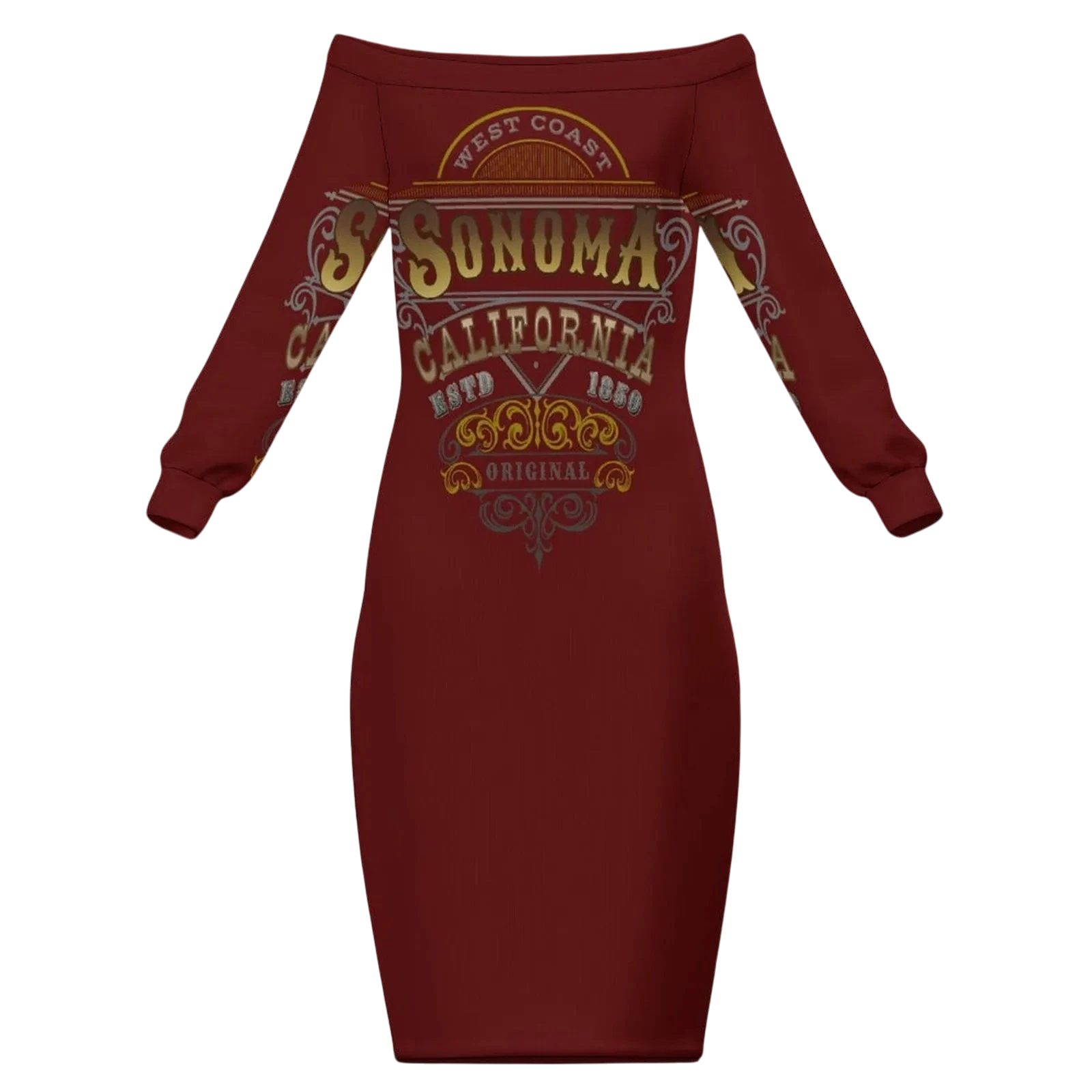 Sonoma Rebel wine country off-the-shoulder dress in deep red with