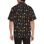 Sonoma Rebel black Hawaiian shirt with a repeating pattern of wine bottles and glasses in various colors.