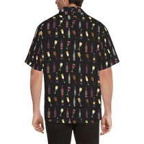 Sonoma Rebel black Hawaiian shirt with a repeating pattern of wine bottles and glasses in various colors.