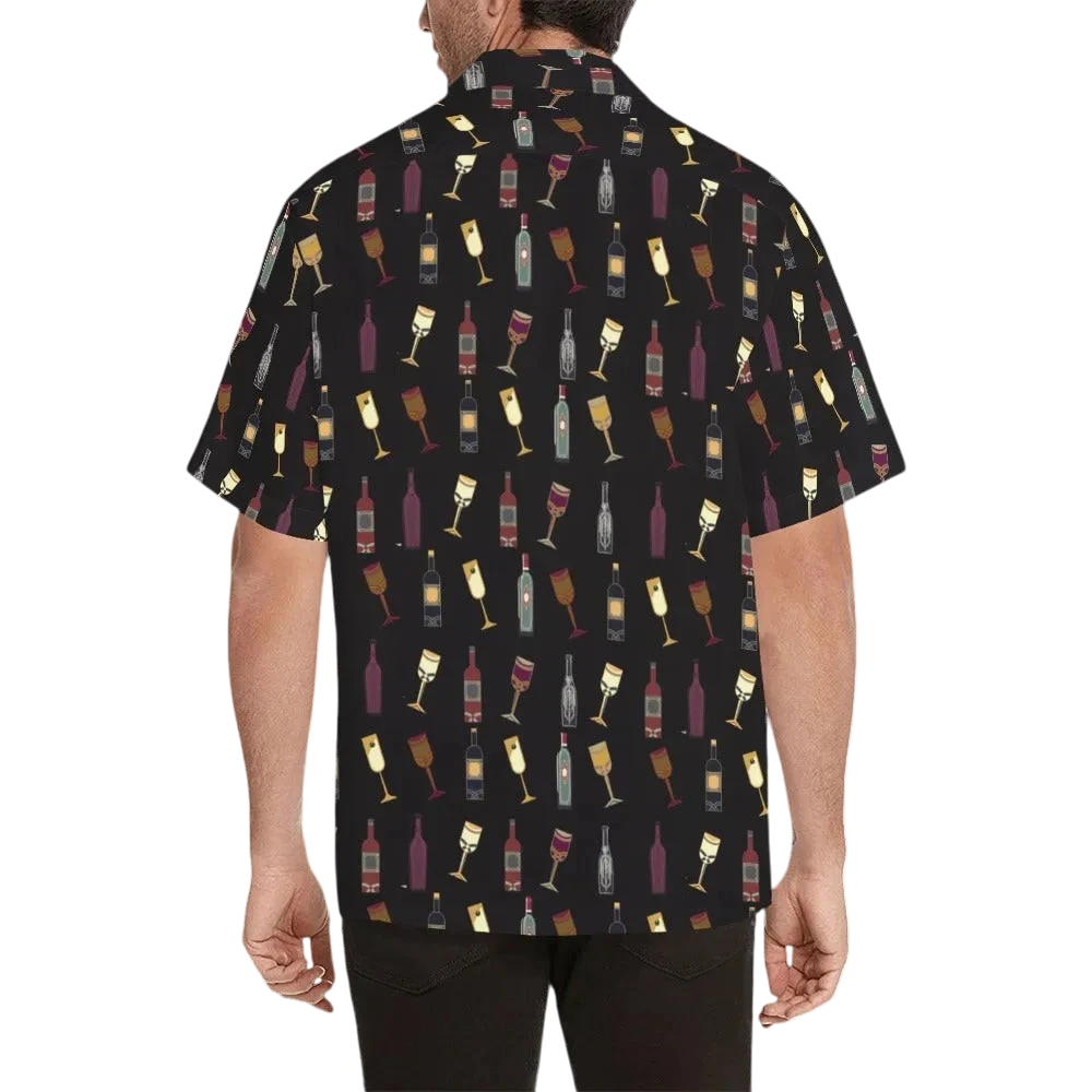 Sonoma Rebel black Hawaiian shirt with a repeating pattern of wine bottles and glasses in various colors.