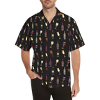 Sonoma Rebel black Hawaiian shirt with a repeating pattern of wine bottles and glasses in various colors. Features a notch lapel collar and short sleeves.