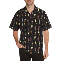 Sonoma Rebel black Hawaiian shirt with a repeating pattern of wine bottles and glasses in various colors. Features a notch lapel collar and short sleeves.