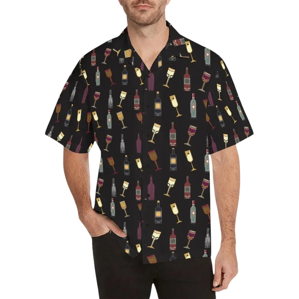 Sonoma Rebel black Hawaiian shirt with a repeating pattern of wine bottles and glasses in various colors. Features a notch lapel collar and short sleeves.
