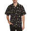 Sonoma Rebel black Hawaiian shirt with a repeating pattern of wine bottles and glasses in various colors. Features a notch lapel collar and short sleeves.