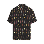 Sonoma Rebel black Hawaiian shirt with a repeating pattern of wine bottles and glasses in various colors.