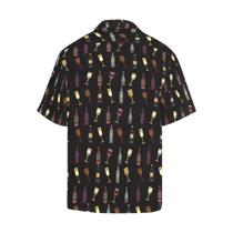Sonoma Rebel black Hawaiian shirt with a repeating pattern of wine bottles and glasses in various colors.