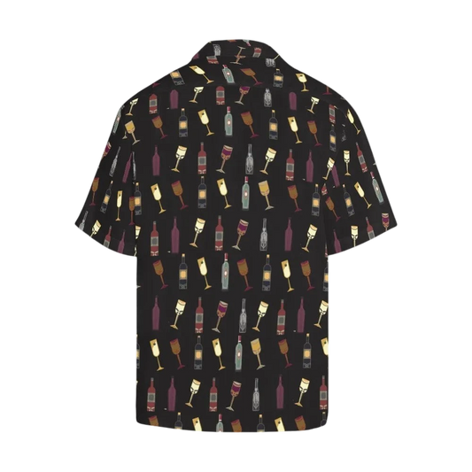 Sonoma Rebel black Hawaiian shirt with a repeating pattern of wine bottles and glasses in various colors.