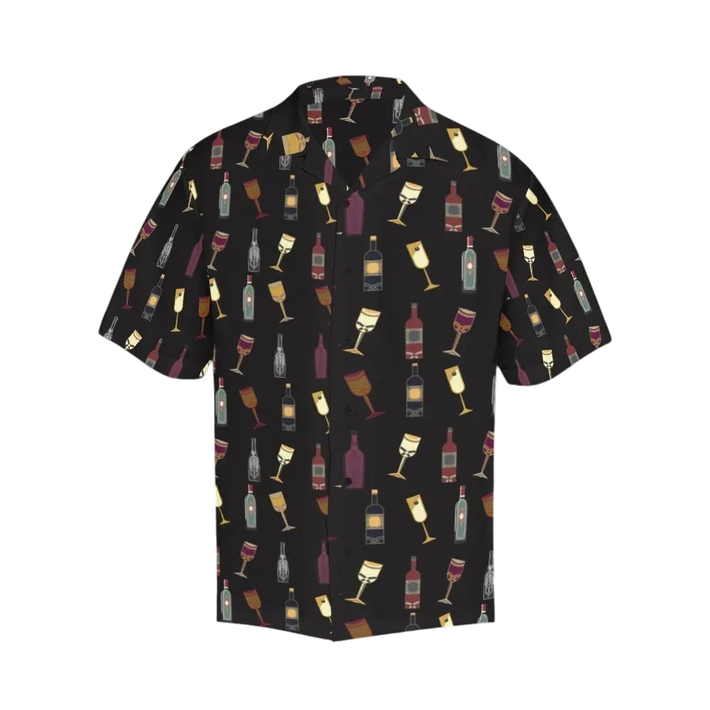 Sonoma Rebel black short-sleeve Hawaiian shirt featuring a repeating pattern of vintage wine bottles and glasses in various colors. Main image