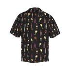 Sonoma Rebel black short-sleeve Hawaiian shirt featuring a repeating pattern of vintage wine bottles and glasses in various colors.