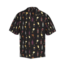 Sonoma Rebel black short-sleeve Hawaiian shirt featuring a repeating pattern of vintage wine bottles and glasses in various colors.