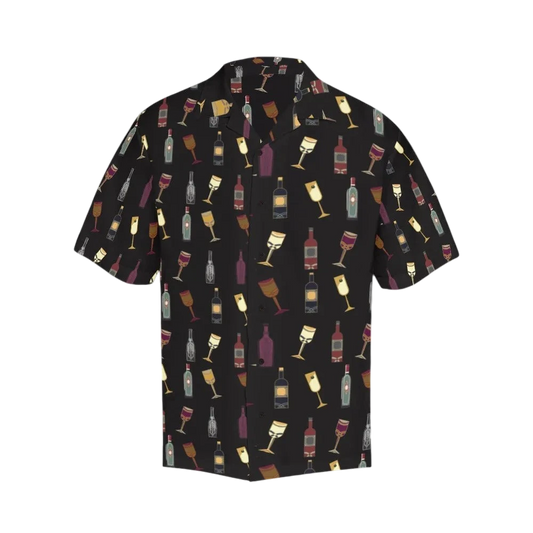 Sonoma Rebel black short-sleeve Hawaiian shirt featuring a repeating pattern of vintage wine bottles and glasses in various colors.