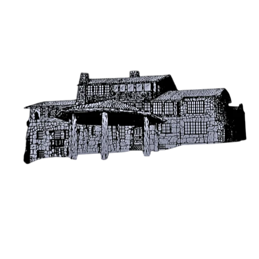 Sonoma Rebel Wolf House graphic on a black background. The graphic is a detailed sketch of a large stone house with a porch.