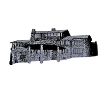 Sonoma Rebel Wolf House graphic on a black background. The graphic is a detailed sketch of a large stone house with a porch.