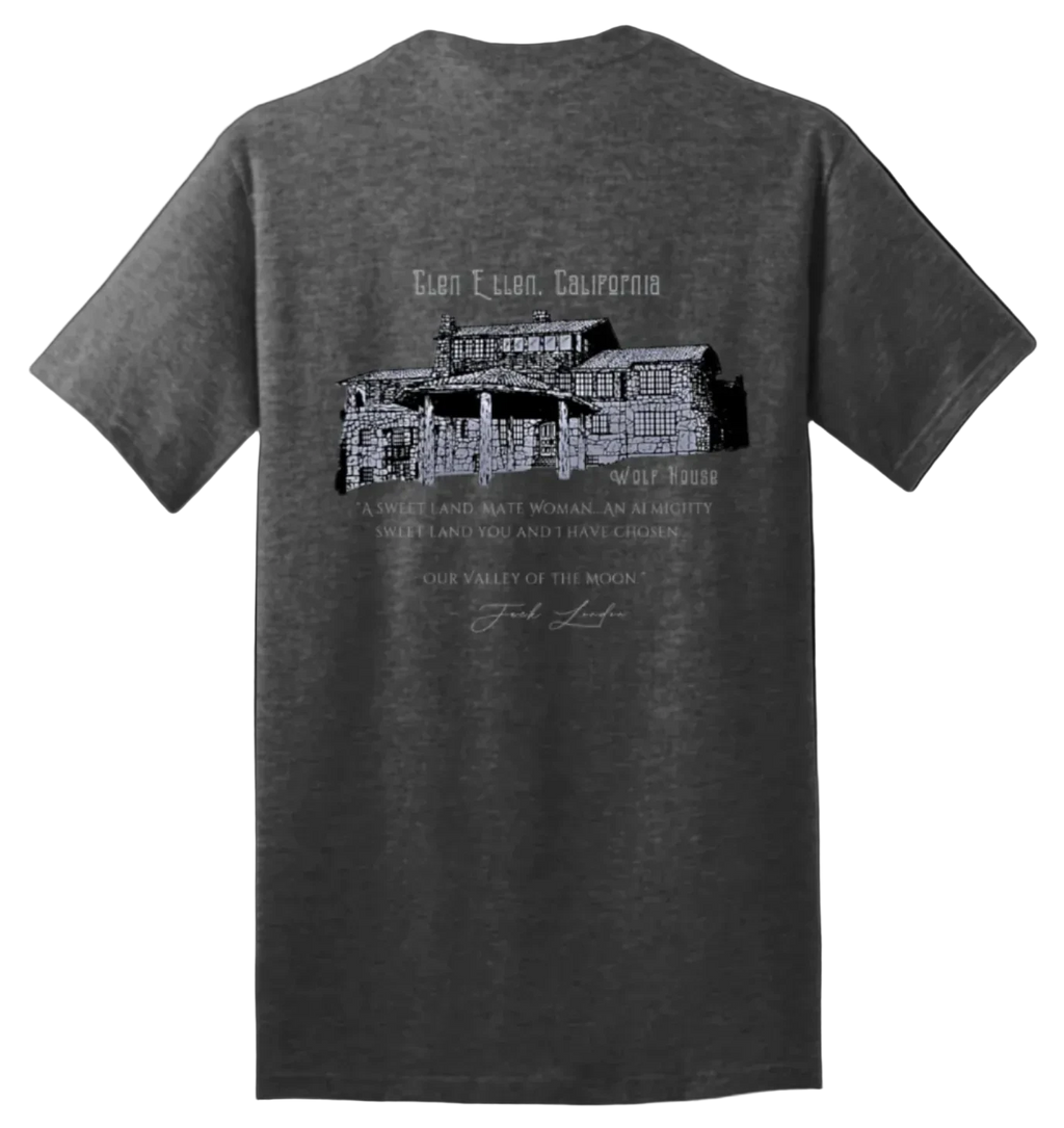 Sonoma Rebel charcoal grey 100% cotton unisex t-shirt with a graphic print of Jack London's Wolf House and text.
