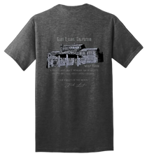 Sonoma Rebel charcoal grey 100% cotton unisex t-shirt with a graphic print of Jack London's Wolf House and text.