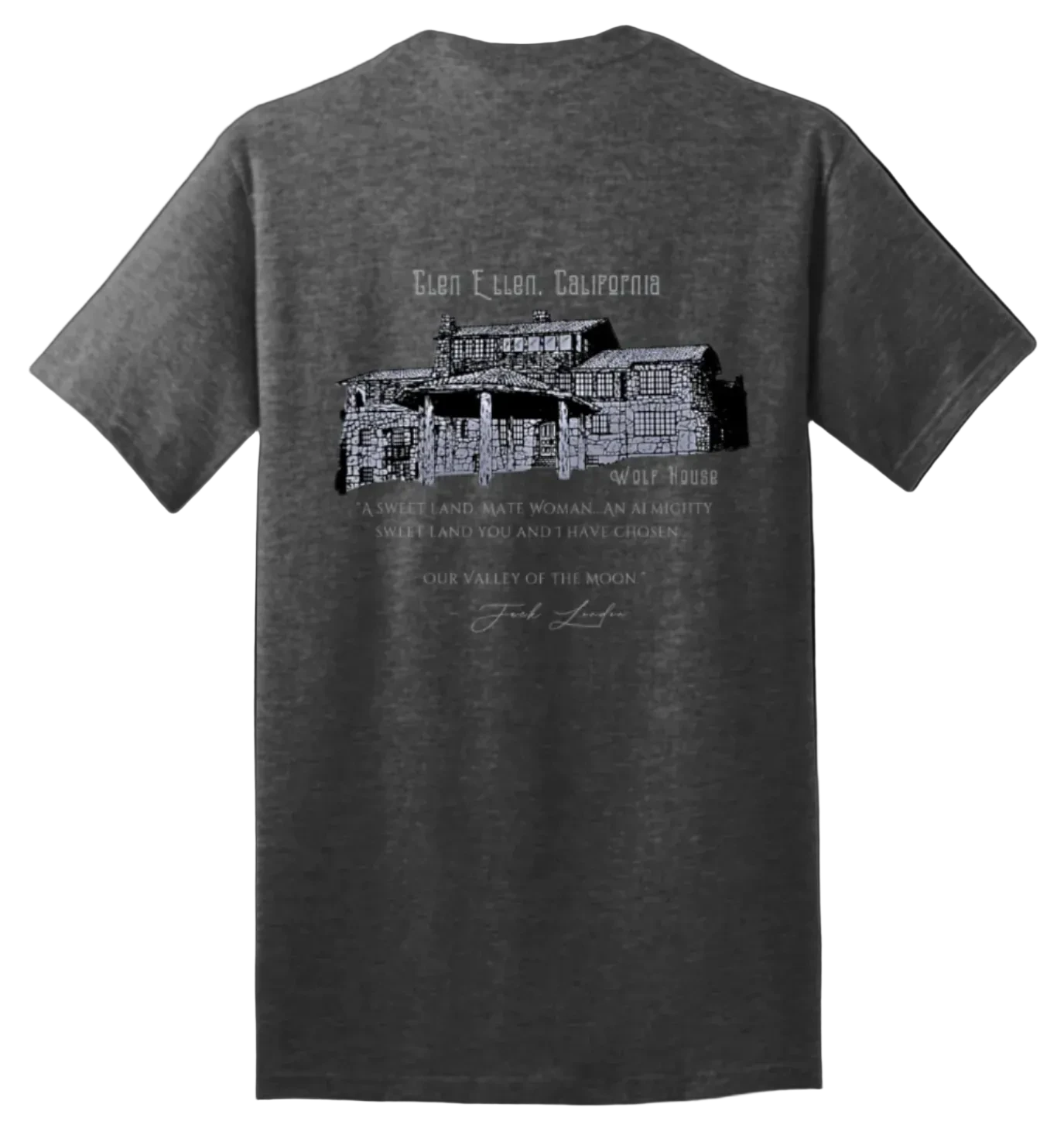 Sonoma Rebel charcoal grey 100% cotton unisex t-shirt with a graphic print of Jack London's Wolf House and text.