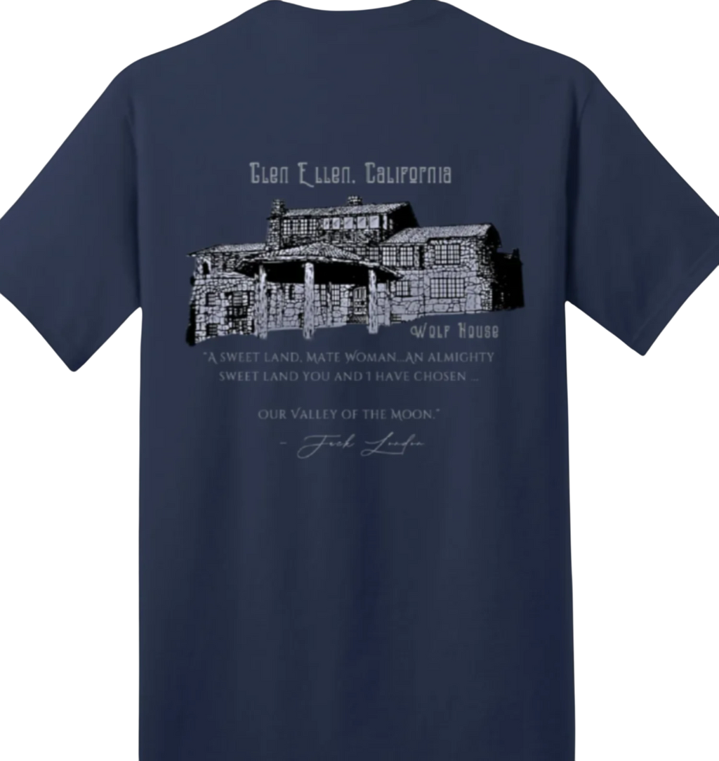 Sonoma Rebel navy blue 100% cotton unisex t-shirt with a graphic of Jack London's Wolf House and quote.