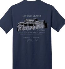Sonoma Rebel navy blue 100% cotton unisex t-shirt with a graphic of Jack London's Wolf House and quote.