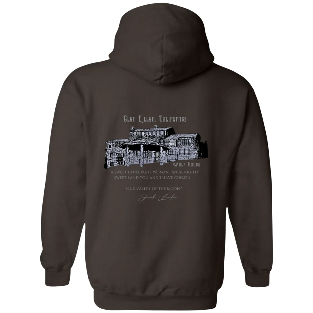 Sonoma Rebel men's brown midweight fleece hoodie with a graphic print of Wolf House in Glen Ellen, California.